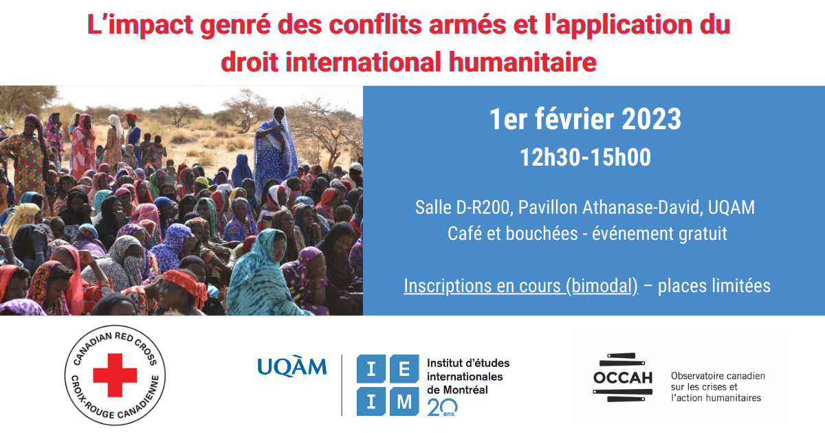 Affiche promotionnelle de la conférence sur le droit international humanitaire en partenariat avec la Croix Rouge canadienne qui aura lieu le 1 er février 2023